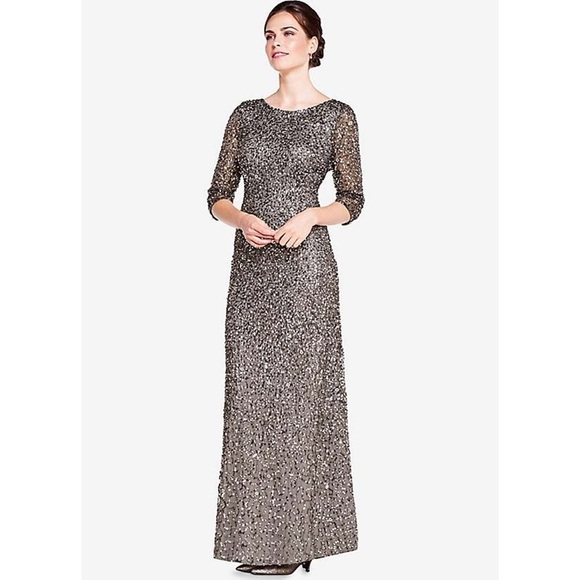 NWT Adrianna Papell Grey Silver Three-Quarter Sleeve Beaded Mermaid Gown - Picture 1 of 14